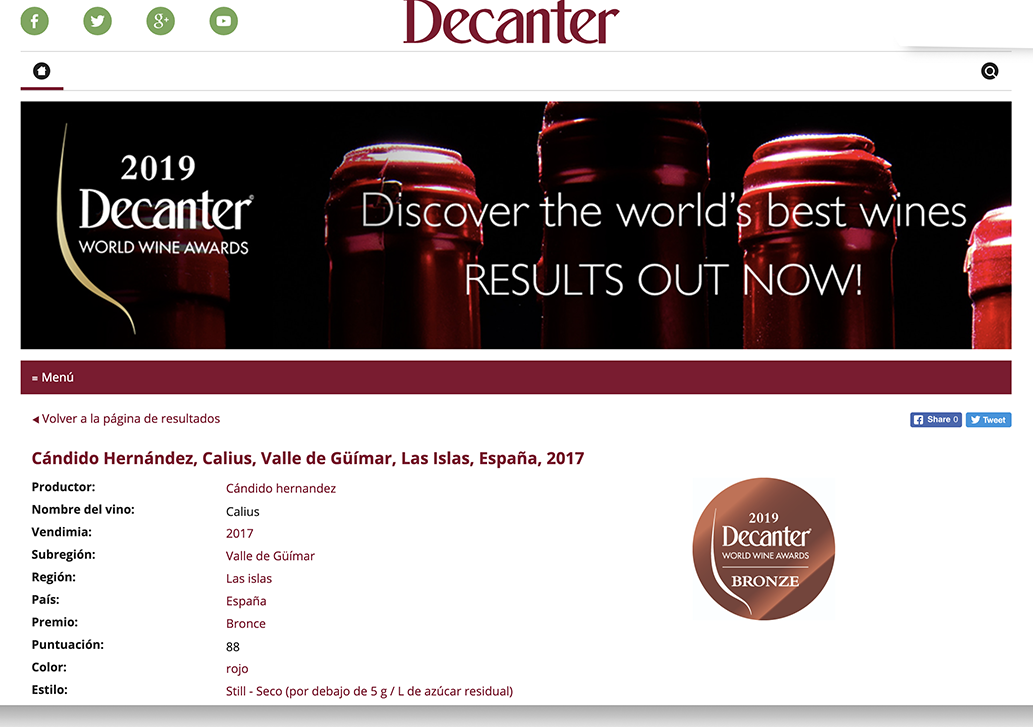 Calius 2017, premiado en los Decanter World Wine Awards 2019